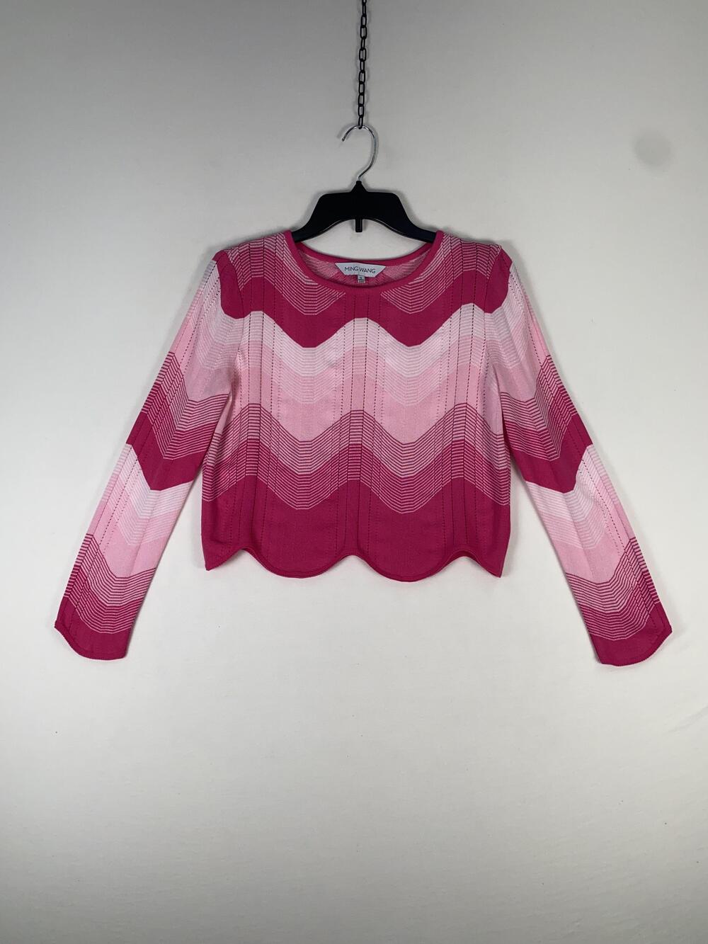 Ming Wang Sweater Womens Small Pink Chevron Geometric Scallop Hem Pullover Top